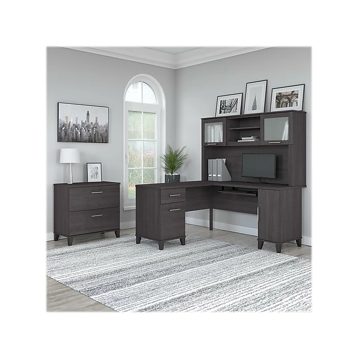 Bush Furniture Somerset 60"W L-Shaped Desk With Hutch And Lateral File Cabinet, Storm Gray (SET008SG) - Image 2