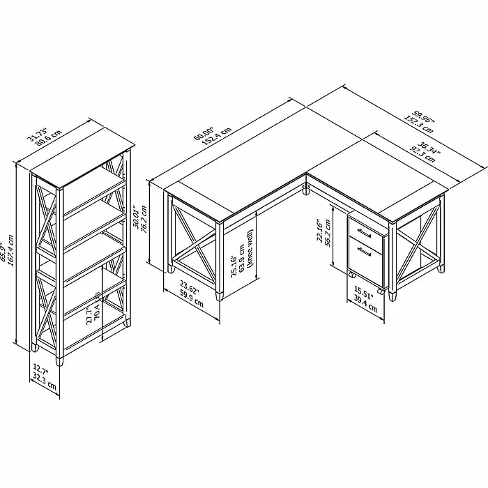 Bush Furniture Key West 60W L Shaped Desk With Mobile File Cabinet And 5 Shelf Bookcase, Washed Gray (KWS016WG) - Image 5