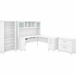 Bush Furniture Somerset 72"W L-Shaped Desk With Hutch, Lateral File Cabinet And Bookcase, White (SET012WH)