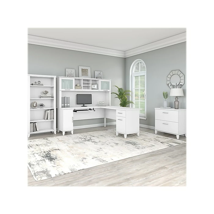 Bush Furniture Somerset 72"W L-Shaped Desk With Hutch, Lateral File Cabinet And Bookcase, White (SET012WH) - Image 2