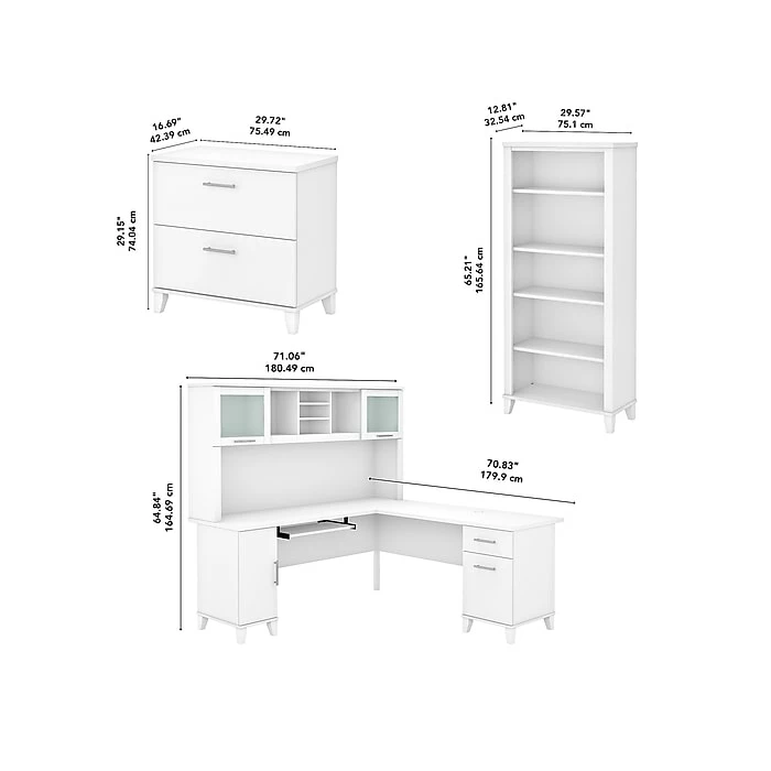 Bush Furniture Somerset 72"W L-Shaped Desk With Hutch, Lateral File Cabinet And Bookcase, White (SET012WH) - Image 5