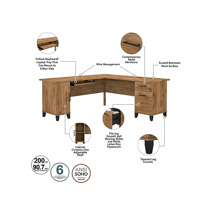 Bush Furniture Somerset 72" L-Shaped Desk With Storage, Fresh Walnut (WC81310K) - Image 3