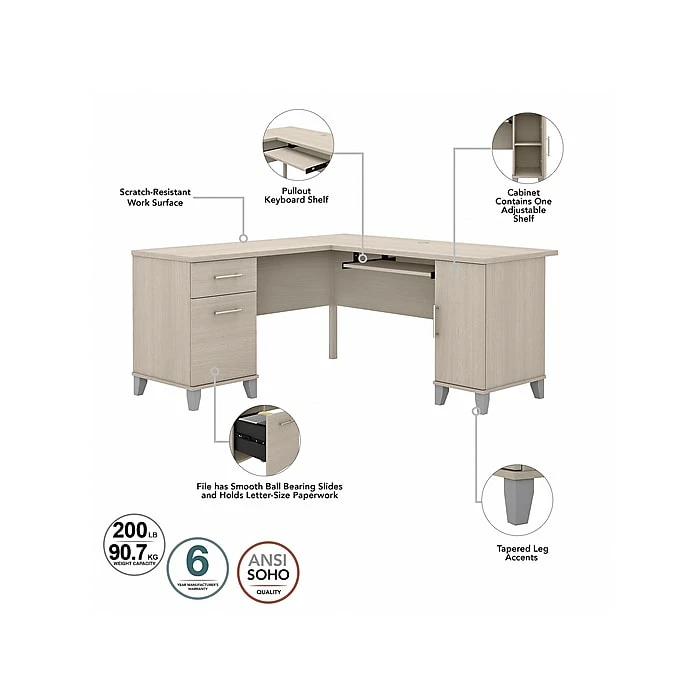 Bush Furniture Somerset 60" L-Shaped Desk With Storage, Sand Oak (WC81130K) - Image 3