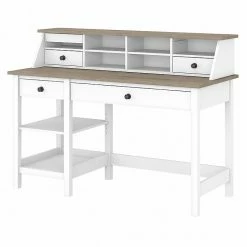 Bush Furniture Mayfield 54" Computer Desk With Shelves And Desktop Organizer, Pure White/Shiplap Gray (MAY001GW2)