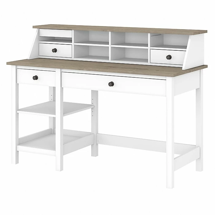 Bush Furniture Mayfield 54" Computer Desk With Shelves And Desktop Organizer, Pure White/Shiplap Gray (MAY001GW2)