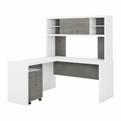 Office By Kathy Ireland® Echo 60"W L-Shaped Desk With Hutch And Mobile File Cabinet, Pure White/Modern Gray (ECH009WHMG)