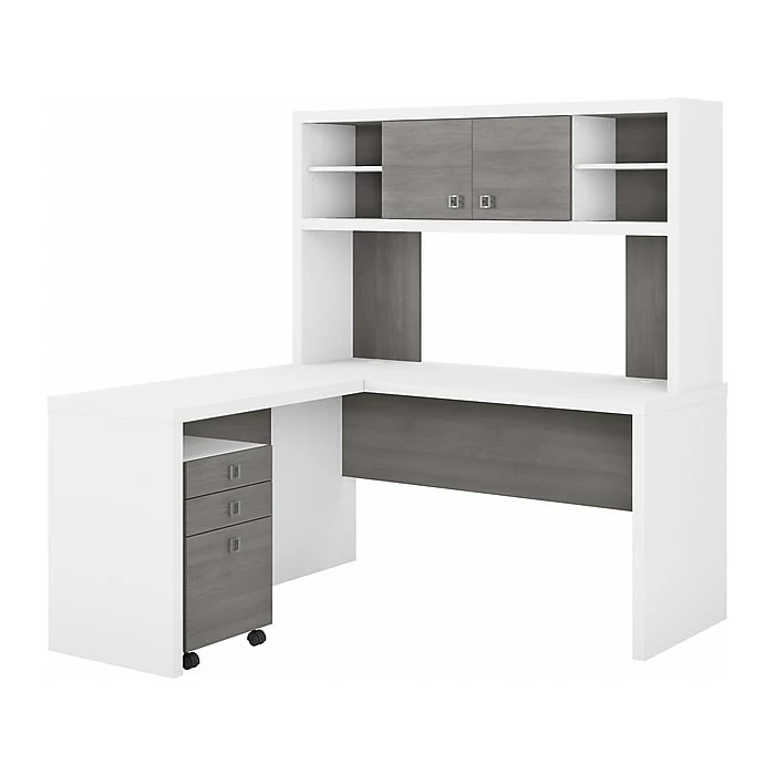 Office By Kathy Ireland® Echo 60"W L-Shaped Desk With Hutch And Mobile File Cabinet, Pure White/Modern Gray (ECH009WHMG)