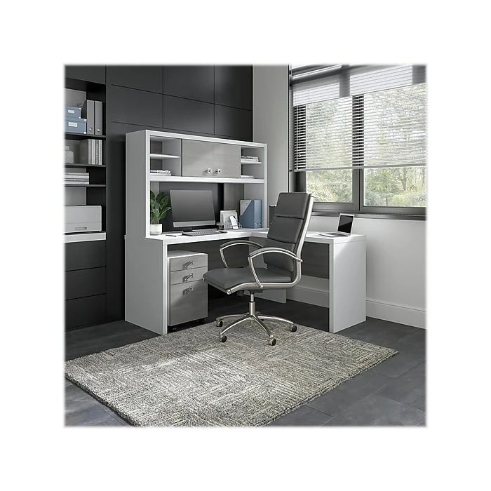 Office By Kathy Ireland® Echo 60"W L-Shaped Desk With Hutch And Mobile File Cabinet, Pure White/Modern Gray (ECH009WHMG) - Image 2