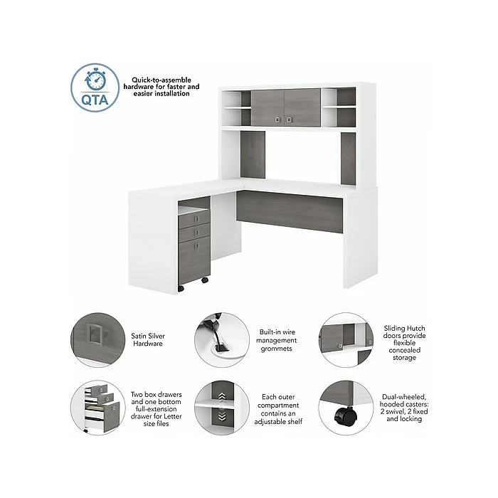 Office By Kathy Ireland® Echo 60"W L-Shaped Desk With Hutch And Mobile File Cabinet, Pure White/Modern Gray (ECH009WHMG) - Image 3