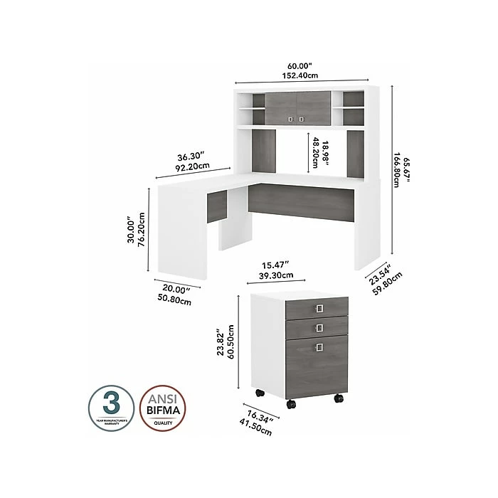 Office By Kathy Ireland® Echo 60"W L-Shaped Desk With Hutch And Mobile File Cabinet, Pure White/Modern Gray (ECH009WHMG) - Image 4