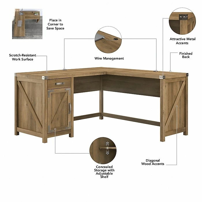 Kathy Ireland® Home By Bush Furniture Cottage Grove 60" L-Shaped Desk With Drawer, Reclaimed Pine (CGD160RCP-03) - Image 3