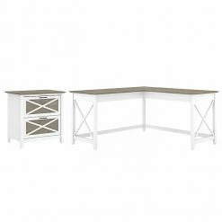Bush Furniture Key West 60" L-Shaped Desk With 2-Drawer Lateral File Cabinet, Shiplap Gray/Pure White (KWS014G2W)