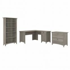 Bush Furniture Salinas 60" L-Shaped Desk With Lateral File Cabinet And 5-Shelf Bookcase, Driftwood Gray (SAL003DG)