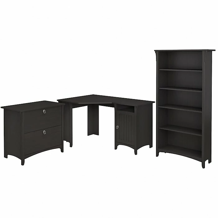 Bush Furniture Salinas 55"W Corner Desk With Lateral File Cabinet And 5-Shelf Bookcase, Vintage Black (SAL013VB) - Image 2