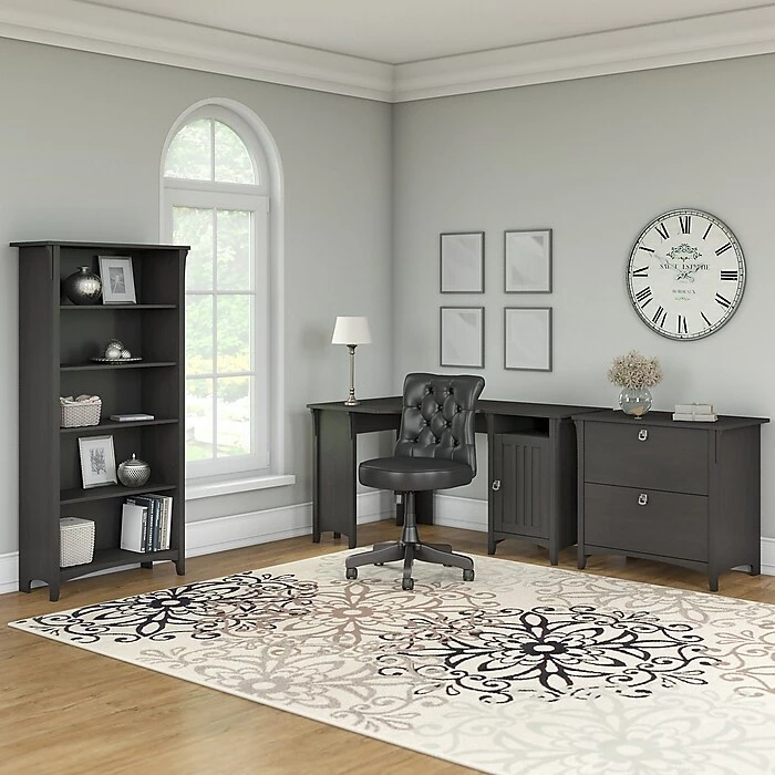Bush Furniture Salinas 55"W Corner Desk With Lateral File Cabinet And 5-Shelf Bookcase, Vintage Black (SAL013VB) - Image 3