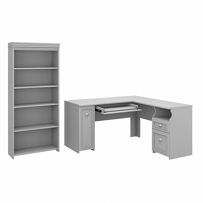 Bush Furniture Fairview 60" L-Shaped Desk With 5-Shelf Bookcase, Cape Cod Gray (FV007CG)