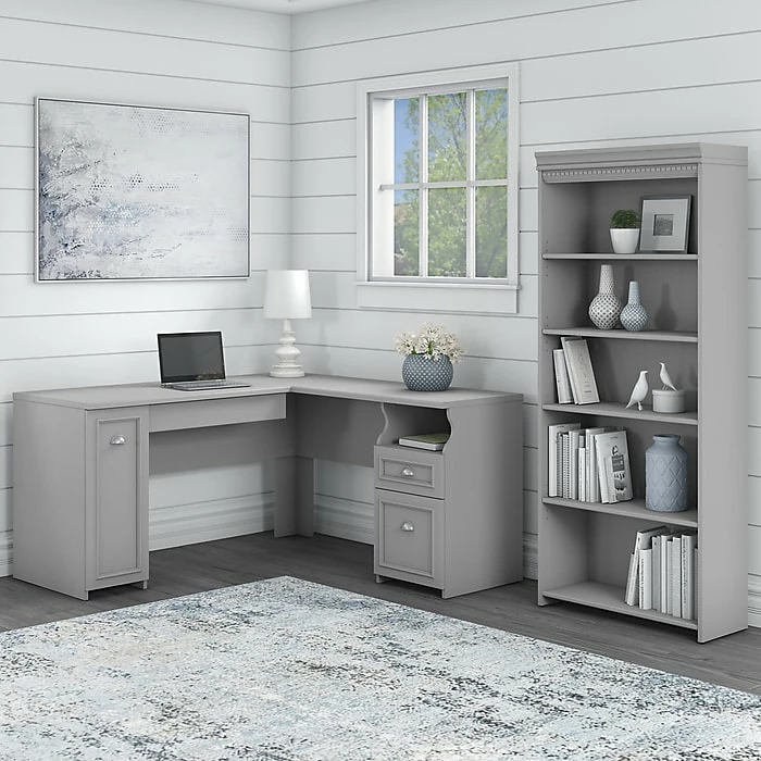 Bush Furniture Fairview 60" L-Shaped Desk With 5-Shelf Bookcase, Cape Cod Gray (FV007CG) - Image 2