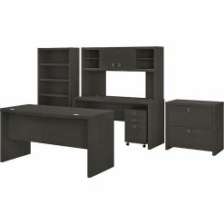 Office By Kathy Ireland® Echo 60"W Bow Front Desk With Credenza, Bookcase And File Cabinets, Charcoal Maple (ECH029CM)