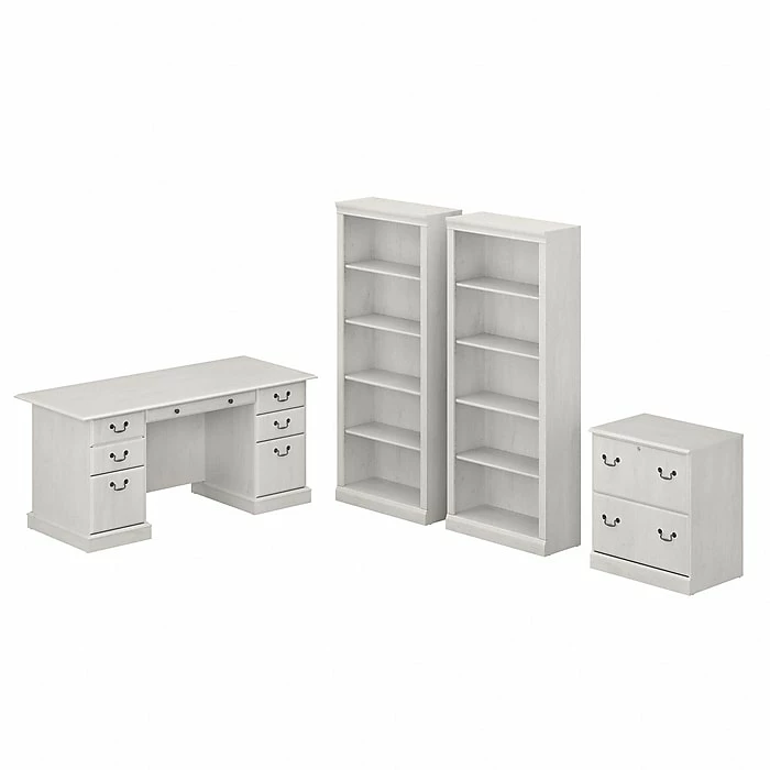 Bush Furniture Saratoga 66" Executive Desk With File Cabinet And Bookcase Set, Linen White Oak (SAR001LW)