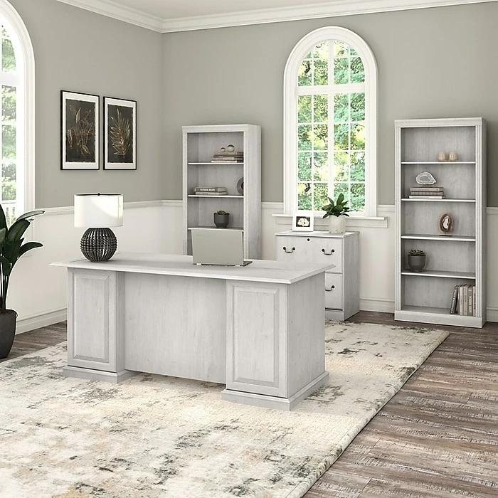 Bush Furniture Saratoga 66" Executive Desk With File Cabinet And Bookcase Set, Linen White Oak (SAR001LW) - Image 2