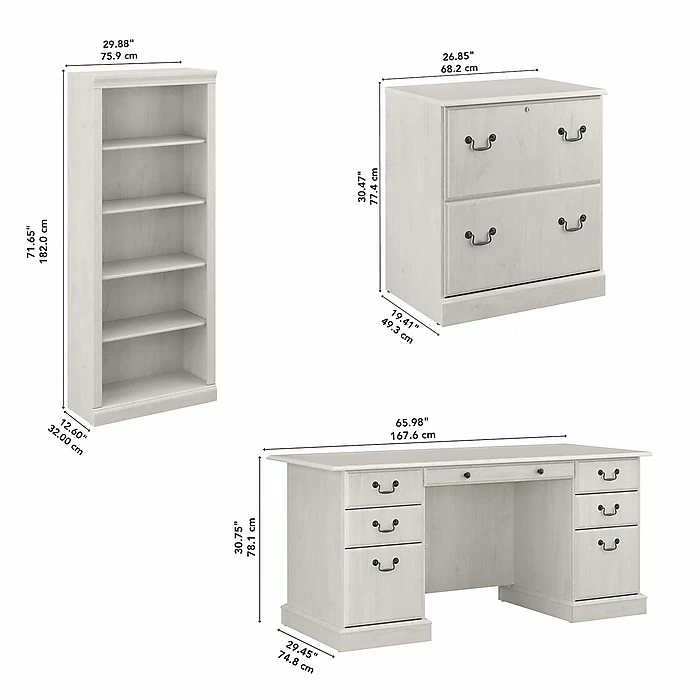 Bush Furniture Saratoga 66" Executive Desk With File Cabinet And Bookcase Set, Linen White Oak (SAR001LW) - Image 6