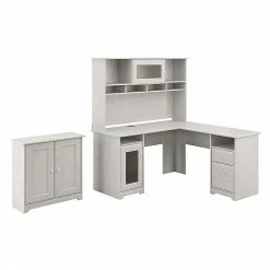Bush Furniture Cabot 60" L-Shaped Desk With Hutch And Small Storage Cabinet, Linen White Oak (CAB016LW)