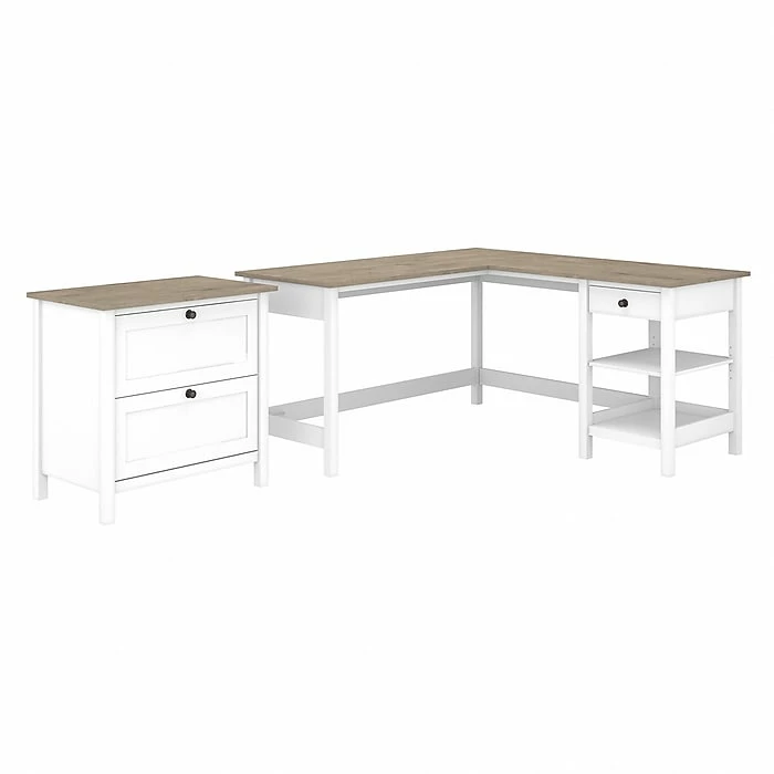 Bush Furniture Mayfield 60" L-Shaped Computer Desk With 2-Drawer Lateral File Cabinet, Pure White/Shiplap Gray (MAY011GW2)