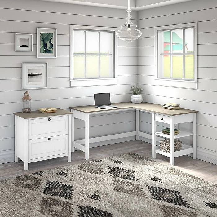 Bush Furniture Mayfield 60" L-Shaped Computer Desk With 2-Drawer Lateral File Cabinet, Pure White/Shiplap Gray (MAY011GW2) - Image 2