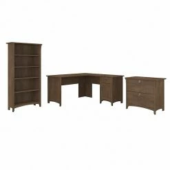 Bush Furniture Salinas 60" L-Shaped Desk With Lateral File Cabinet And 5-Shelf Bookcase, Ash Brown (SAL003ABR)