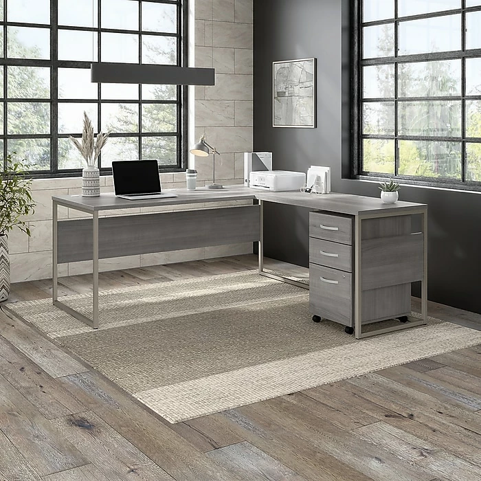 Bush Business Furniture Hybrid 72" Computer Desk With Mobile File Cabinet, Platinum Gray, Installed (HYB028PGSUFA) - Image 2