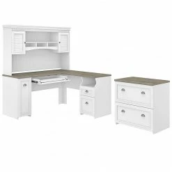 Bush Furniture Fairview 60" L-Shaped Desk With Hutch And Lateral File Cabinet, Shiplap Gray/Pure White (FV003G2W)