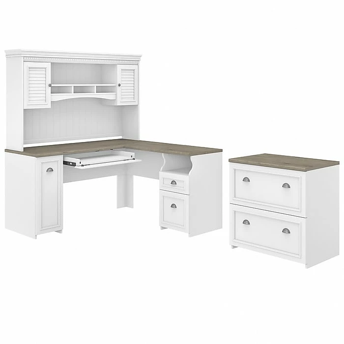 Bush Furniture Fairview 60" L-Shaped Desk With Hutch And Lateral File Cabinet, Shiplap Gray/Pure White (FV003G2W)