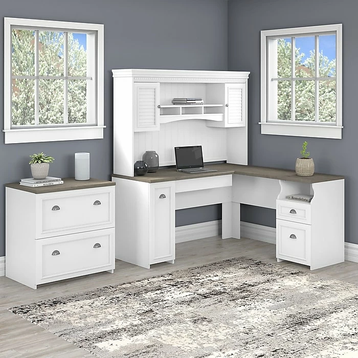Bush Furniture Fairview 60" L-Shaped Desk With Hutch And Lateral File Cabinet, Shiplap Gray/Pure White (FV003G2W) - Image 2