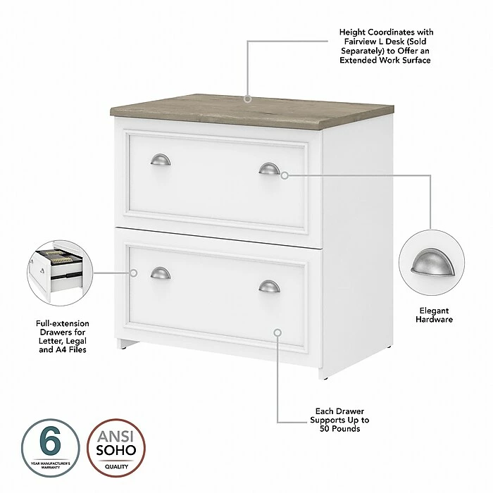 Bush Furniture Fairview 60" L-Shaped Desk With Hutch And Lateral File Cabinet, Shiplap Gray/Pure White (FV003G2W) - Image 5