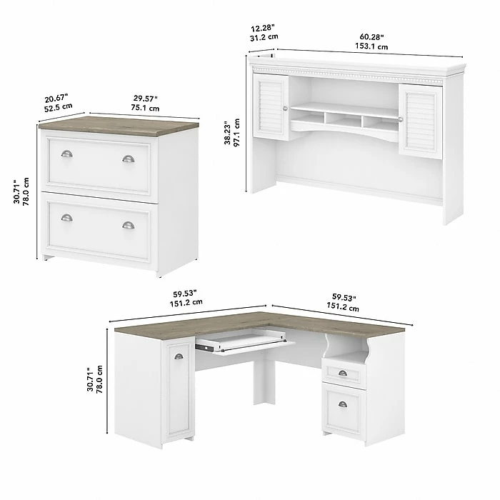 Bush Furniture Fairview 60" L-Shaped Desk With Hutch And Lateral File Cabinet, Shiplap Gray/Pure White (FV003G2W) - Image 6