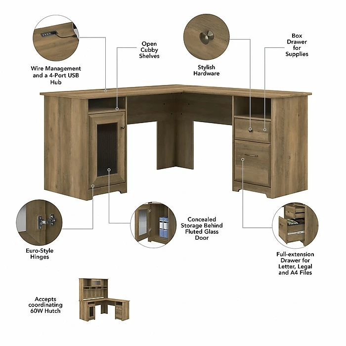 Bush Furniture Cabot 60" L-Shaped Desk With Hutch And Small Storage Cabinet, Reclaimed Pine (CAB016RCP) - Image 3