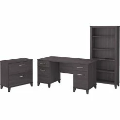 Bush Furniture Somerset 60"W Office Desk With Lateral File Cabinet And 5-Shelf Bookcase, Storm Gray (SET013SG)