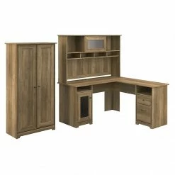Bush Furniture Cabot 60" L-Shaped Desk With Hutch And Tall Storage Cabinet, Reclaimed Pine (CAB017RCP)