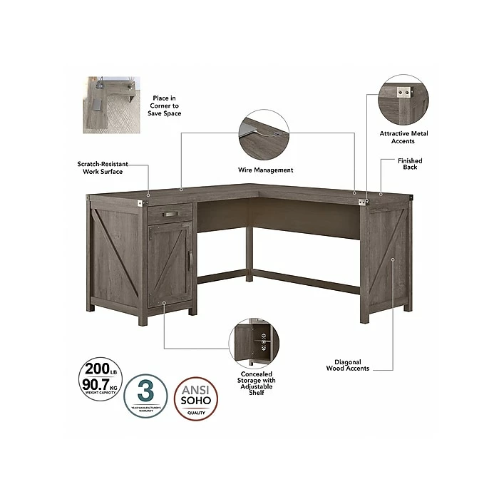 Kathy Ireland® Home By Bush Furniture Cottage Grove 60" L-Shaped Desk With Drawer, Restored Gray (CGD160RTG-03) - Image 3