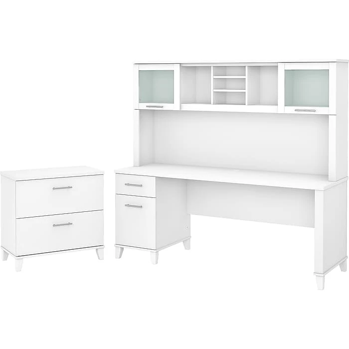 Bush Furniture Somerset 72" Computer Desk With Hutch And Lateral File Cabinet, White (SET019WH)