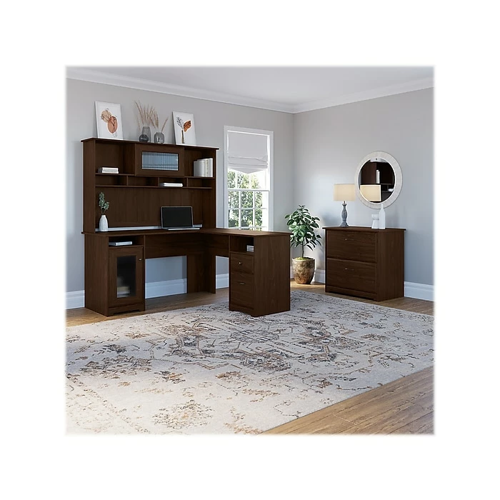 Bush Furniture Cabot 60" L-Shaped Desk With Hutch And Lateral File Cabinet, Modern Walnut (CAB005MW) - Image 2