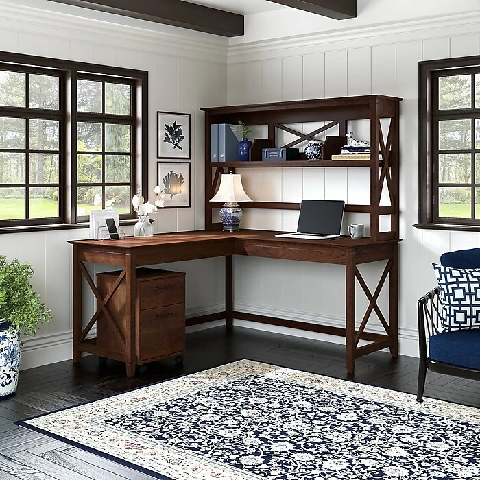 Bush Furniture Key West 60" L-Shaped Computer Desk And Mobile 2-Drawer File Cabinet Bundle, Bing Cherry (KWS049BC) - Image 2