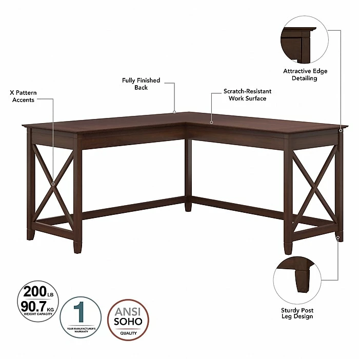 Bush Furniture Key West 60" L-Shaped Computer Desk And Mobile 2-Drawer File Cabinet Bundle, Bing Cherry (KWS049BC) - Image 3