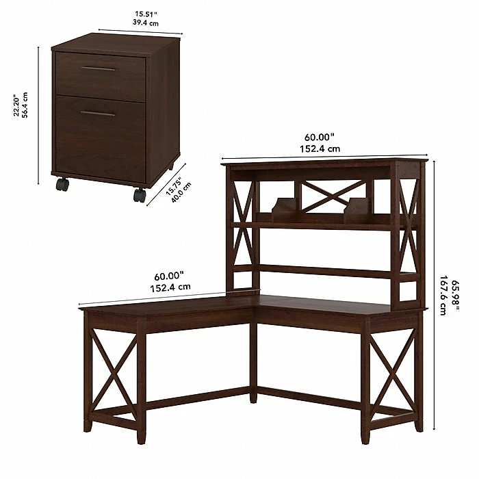 Bush Furniture Key West 60" L-Shaped Computer Desk And Mobile 2-Drawer File Cabinet Bundle, Bing Cherry (KWS049BC) - Image 6