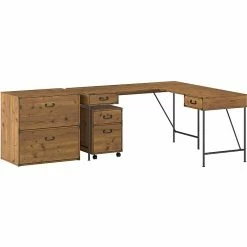 Kathy Ireland Home By Bush Furniture Ironworks 60" L-Shaped Desk Bundle, Vintage Golden Pine (IW032VG)
