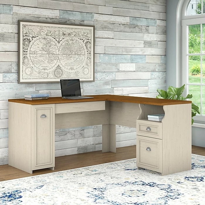 Bush Furniture Fairview L Shaped Desk, Antique White/Tea Maple (WC53230-03K) - Image 3
