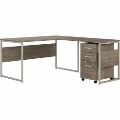 Bush Business Furniture Hybrid 60" L-Shaped Table Desk With Mobile File Cabinet, Modern Hickory (HYB029MHSU)