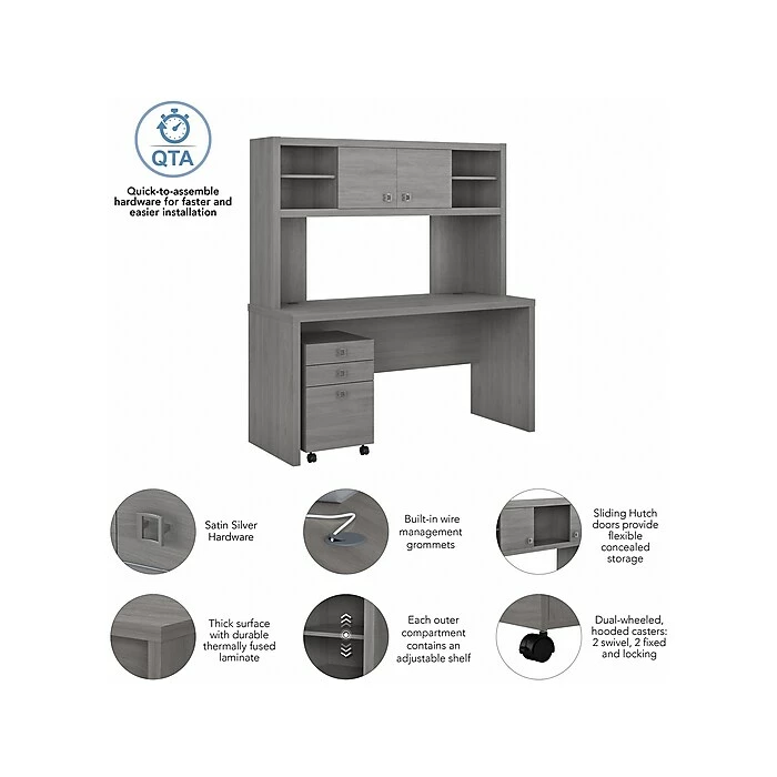 Office By Kathy Ireland® Echo 60"W Credenza Desk With Hutch And Mobile File Cabinet, Modern Gray (ECH006MG) - Image 3