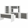 Office By Kathy Ireland® Echo 60"W Bow Front Desk With Credenza, Bookcase And File Cabinets, Pure White/Modern Gray (ECH029WHMG)