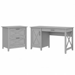 Bush Furniture Key West 54" Computer Desk With Storage And 2-Drawer Lateral File Cabinet, Cape Cod Gray (KWS008CG)